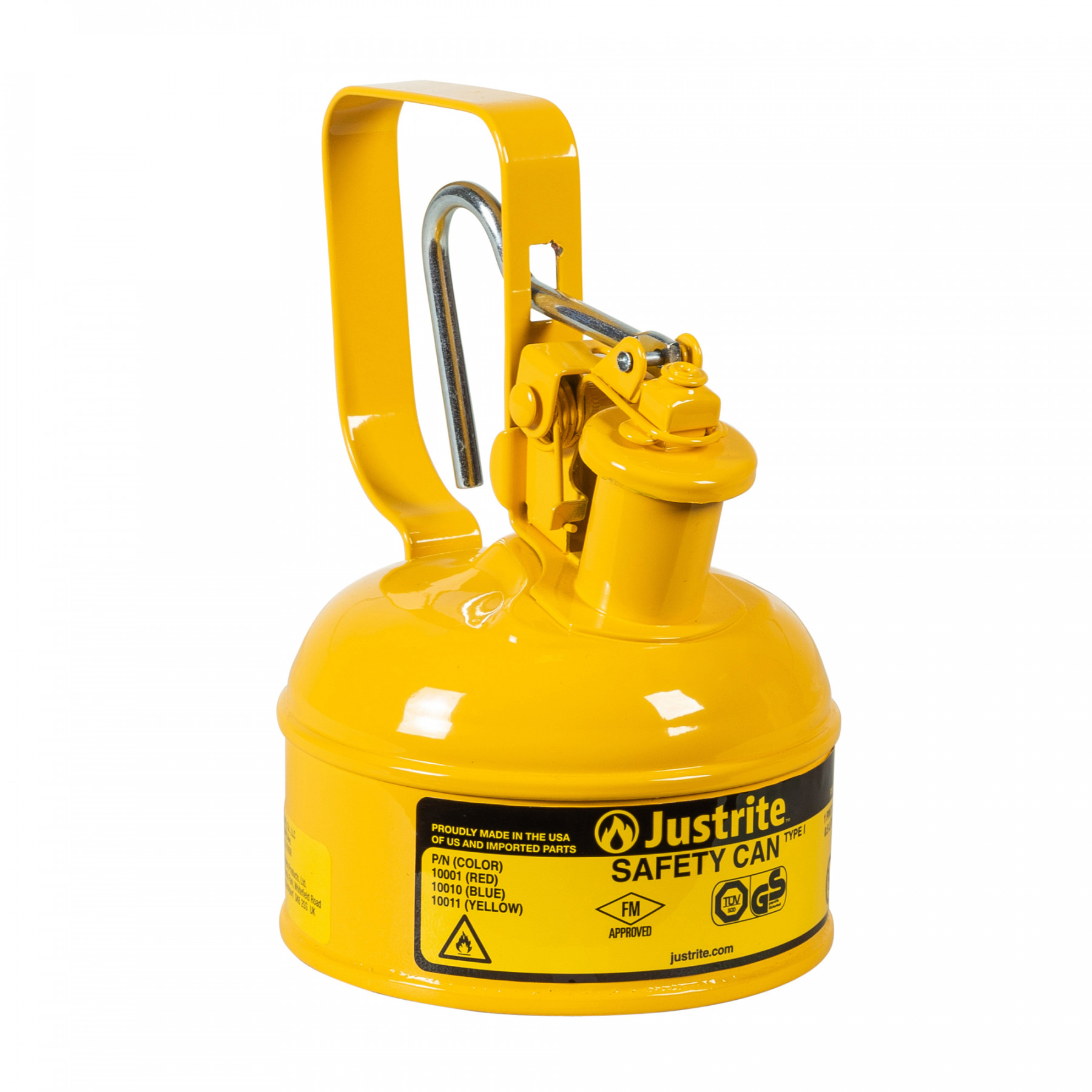 10011_type-1-safety-can-1-pt-yellow_justrite_1 Sicherheitsbehälter Typ I, mit Griffbetätigung für brennbare Flüssigkeiten, 0,47 Liter in gelb