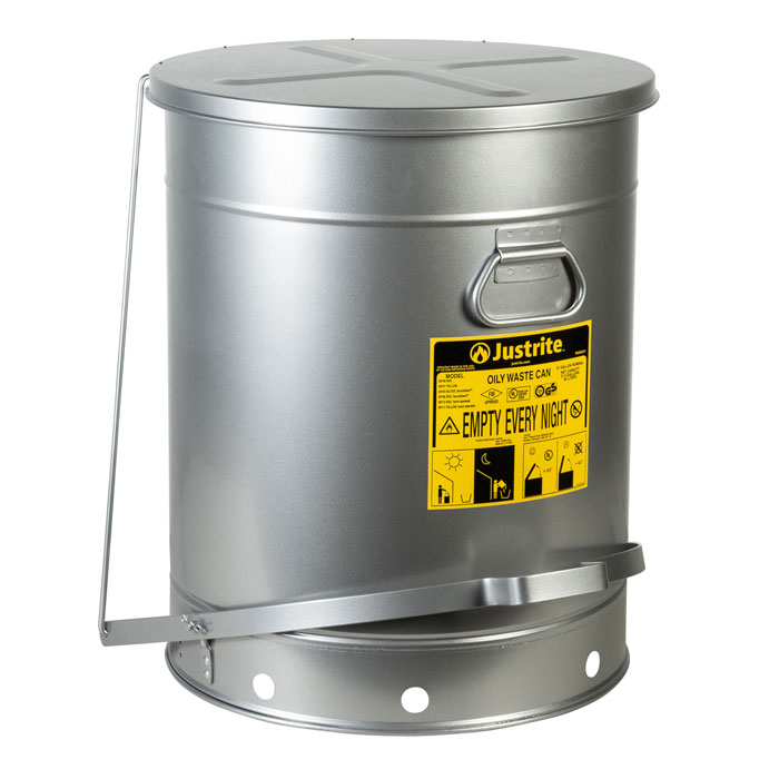 09704_oily-waste-can-21-gallon-silver-soundgard_justrite_1_1 Sicherheits-Abfallbehälter für brennbare Stoffe, 38 Liter, SoundGard in silber