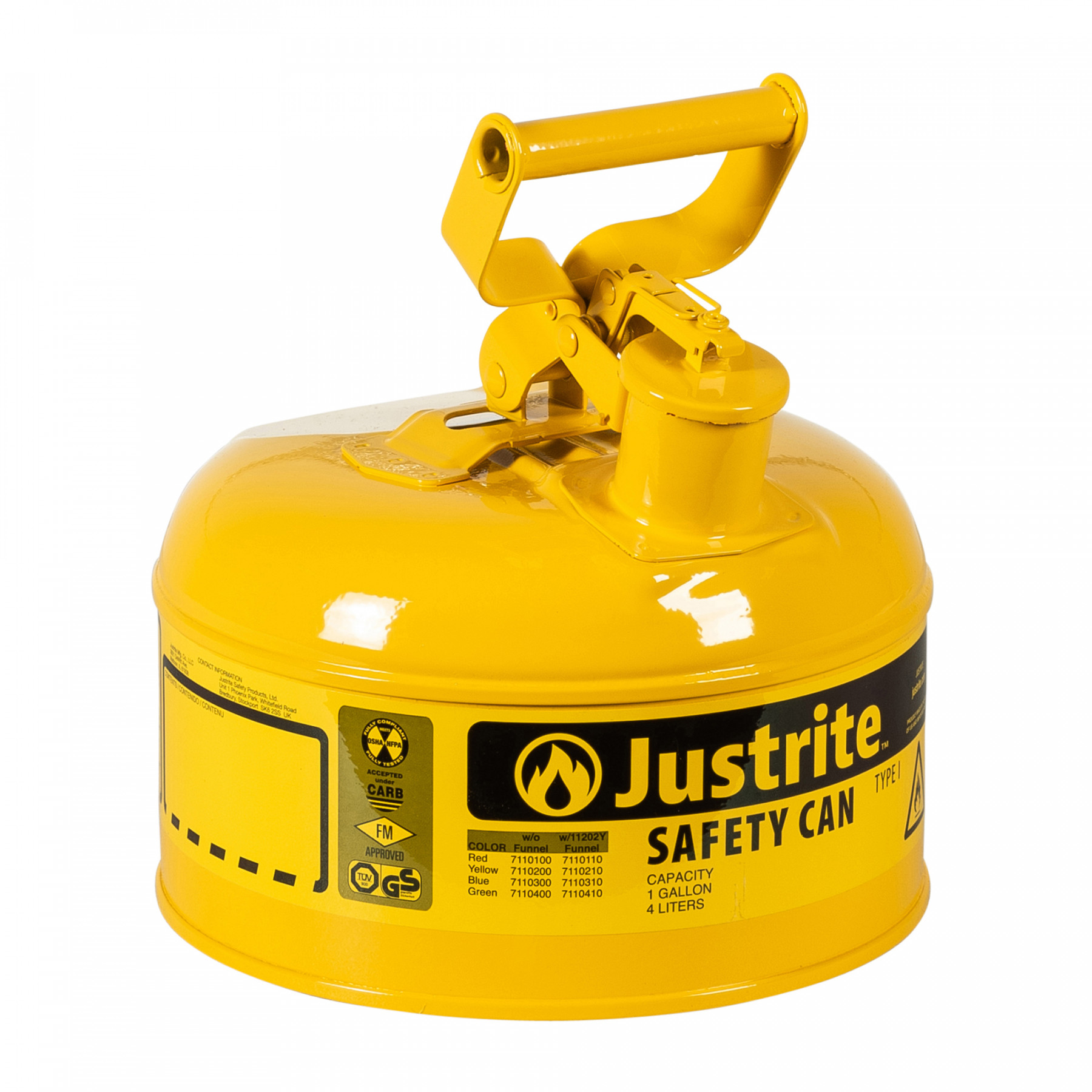 7110200_type-1-safety-can-1-gallon-yellow_justrite_1 Sicherheitsbehälter Typ I für brennbare Stoffe, 4 Liter, in gelb mit Schwinggriff
