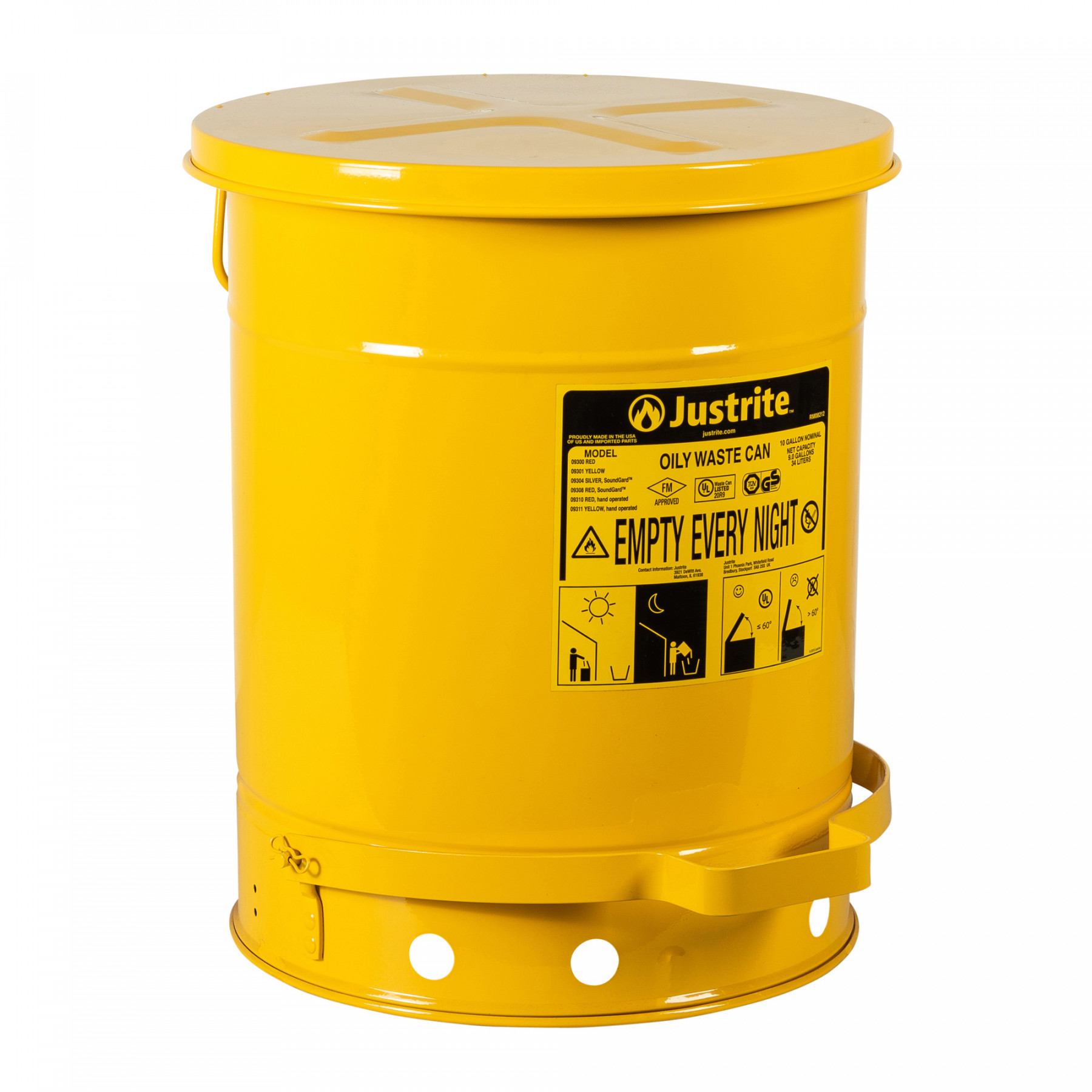 09301_oily-waste-can-10-gallon-yellow_justrite Sicherheits-Abfallbehälter für brennbare Stoffe, 23 Liter, in gelb