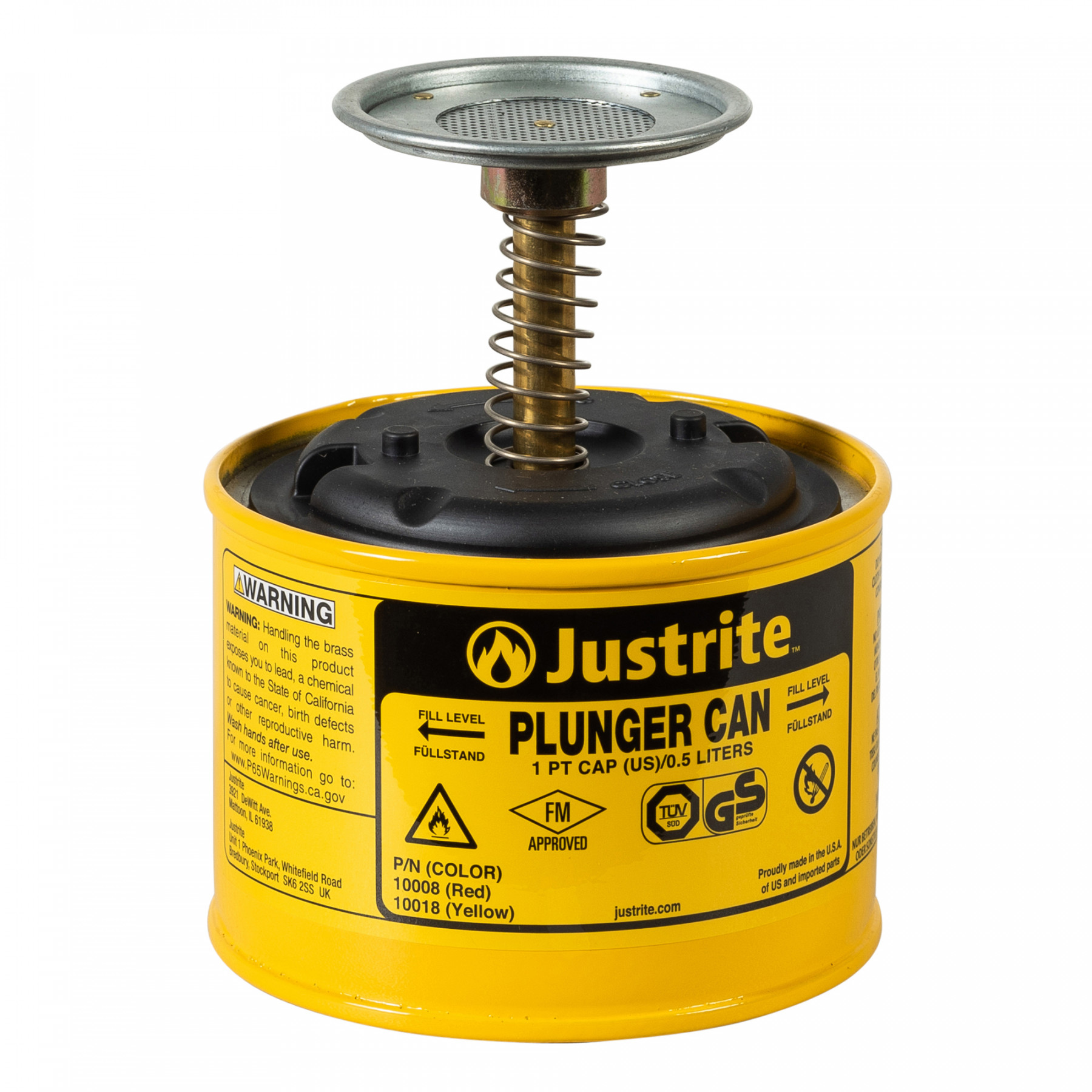 10018_plunger-can-1-pt-yellow_justrite_1 Sparanfeuchter für brennbare Flüssigkeiten 0,5 Liter in gelb