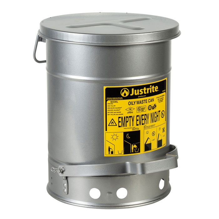 09104_oily-waste-can-6-gallon-silver_justrite_1_1 Sicherheits-Abfallbehälter für brennbare Stoffe, 23 Liter, SoundGard in silber
