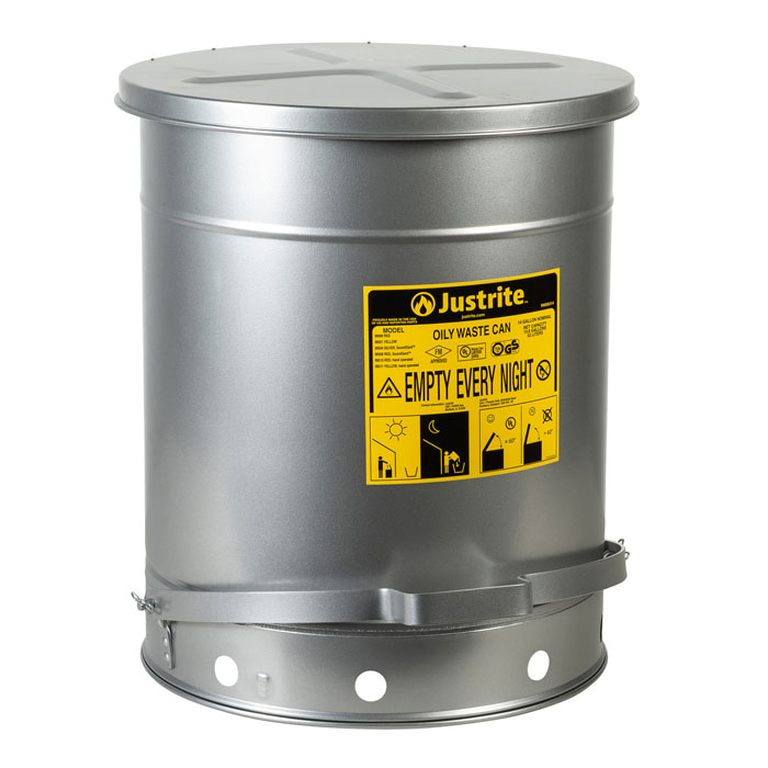 09504_oily-waste-can-14-gallon-silver-justrite-foot_operated_1_1_1 Sicherheits-Abfallbehälter für brennbare Stoffe, 53 Liter, SoundGard in silber