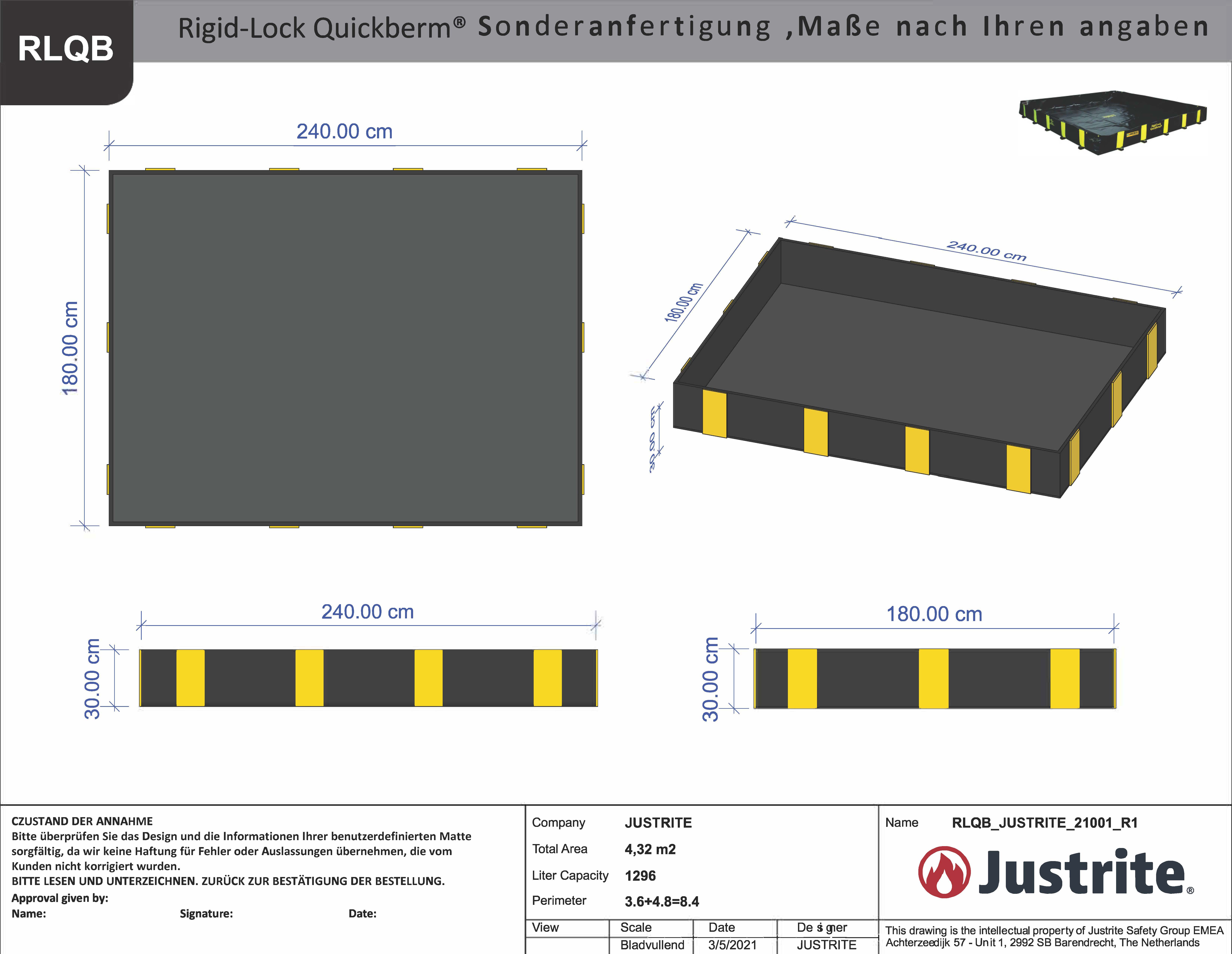 Justrite Auffangwannen, Sonderanfertigung, Preis nach m², die Maße geben Sie vor, feste Höhe 30,5 cm (ab 10m²)