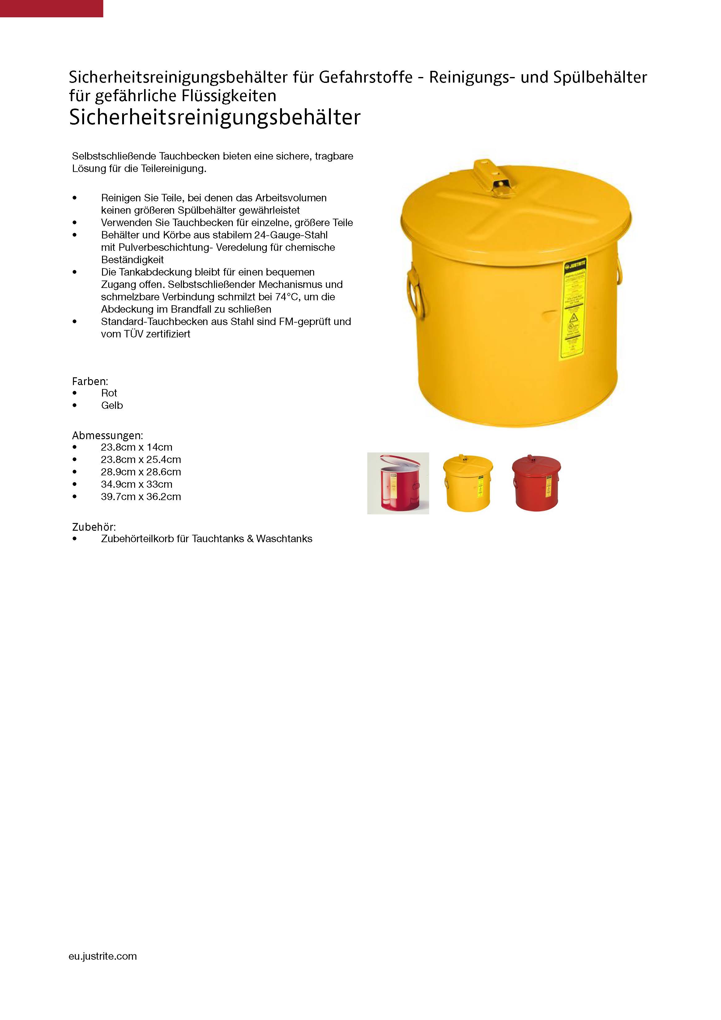 Sicherheitsreinigung Tauchtanks 19 Liter  2760 Justrite Rot 19 34.9cm x 33cm Auskleidung aus HDPE