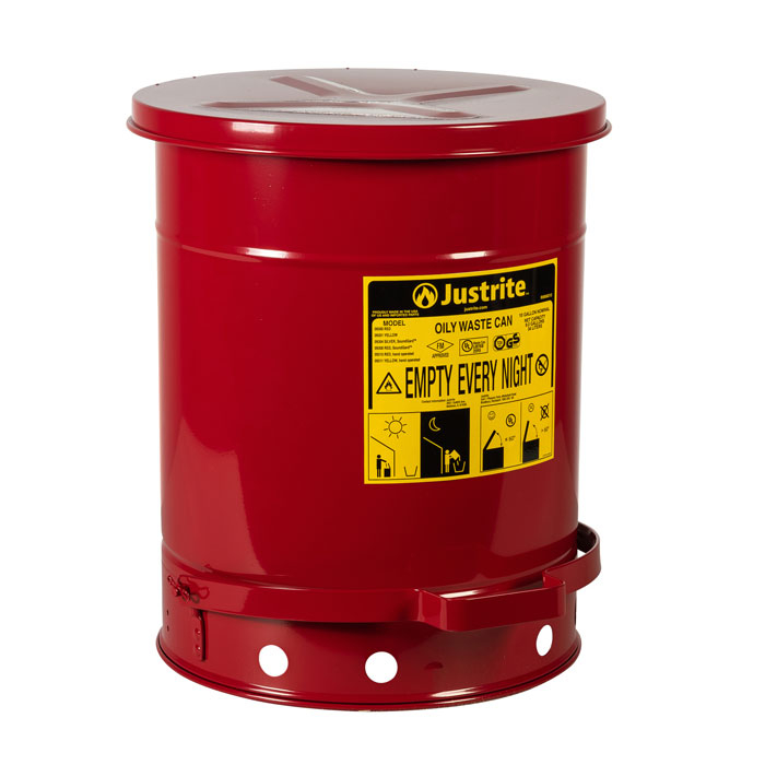 09308_oily-waste-can-10-gallon-red-soundgard_justrite_1_1 Sicherheits-Abfallbehälter für brennbare Stoffe, 38 Liter, SoundGard in rot