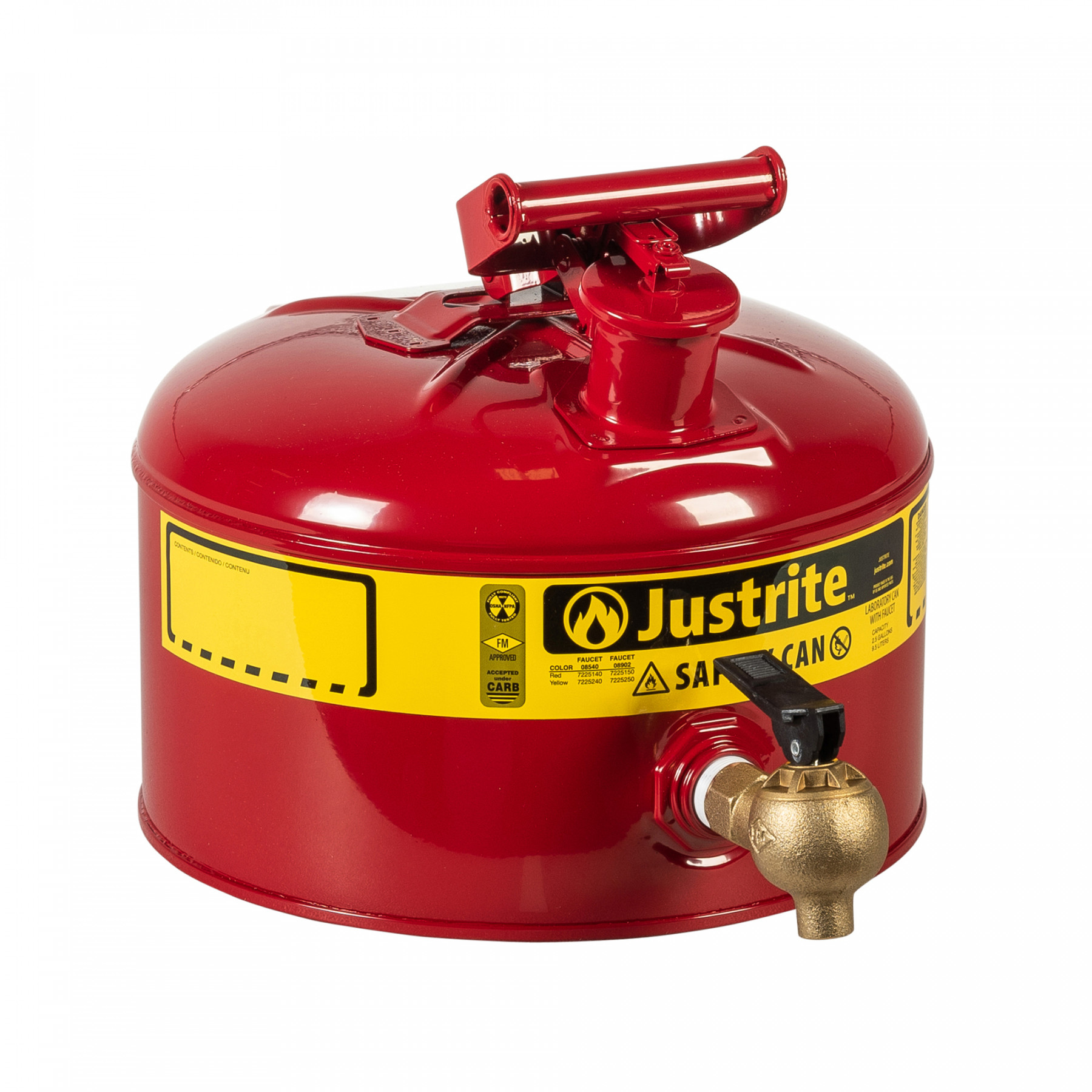 7225140_type-1-safety-can-2-5-gallon-red-bottom-faucet_justrite_1 Sicherheitsstahlbehälter zum Ab- und Umfüllen von brennbaren Flüssigkeiten 9 Liter rot