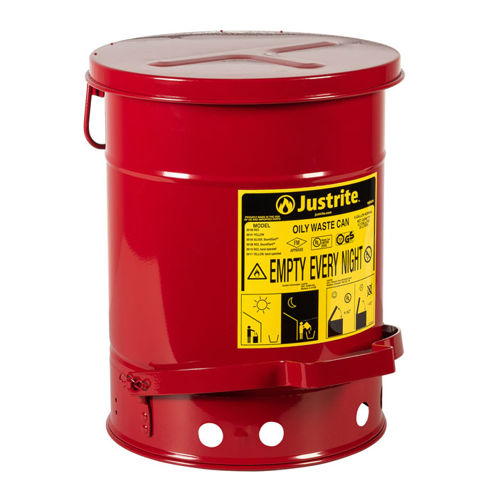 09108_oily-waste-can-6-gallon-red-soundgard_justrite_1_1 Sicherheits-Abfallbehälter für brennbare Stoffe, 23 Liter, SoundGard in rot