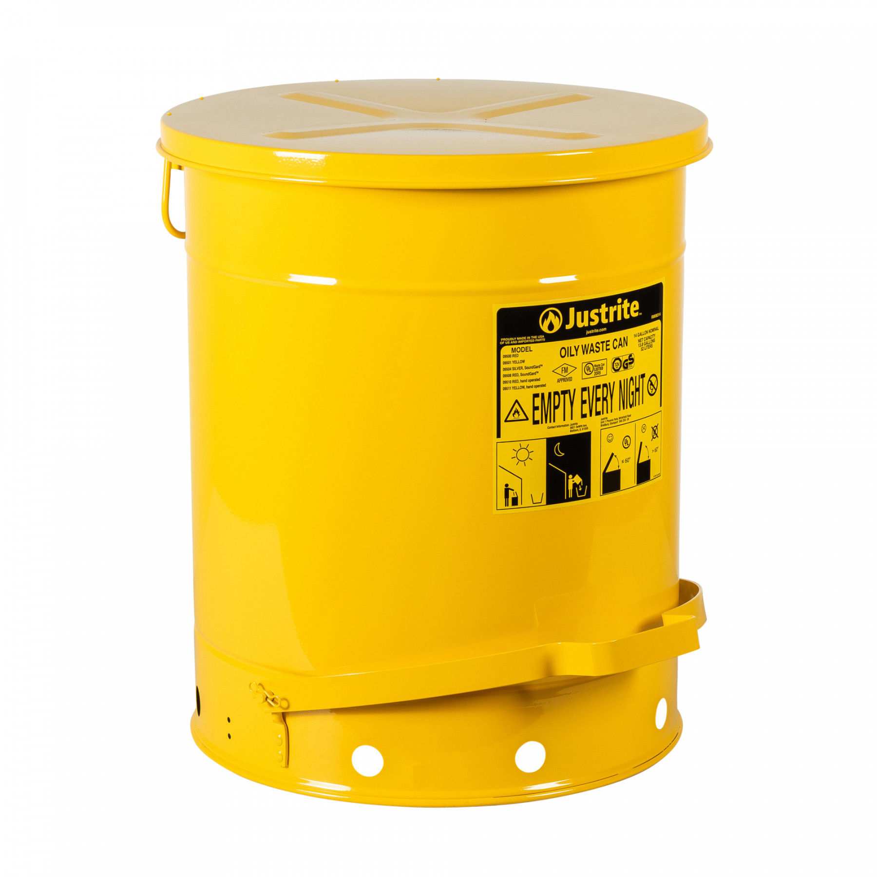 09501_oily-waste-can-14-gallon-yellow_justrite_1 Sicherheits-Abfallbehälter für brennbare Stoffe, 53 Liter, in gelb