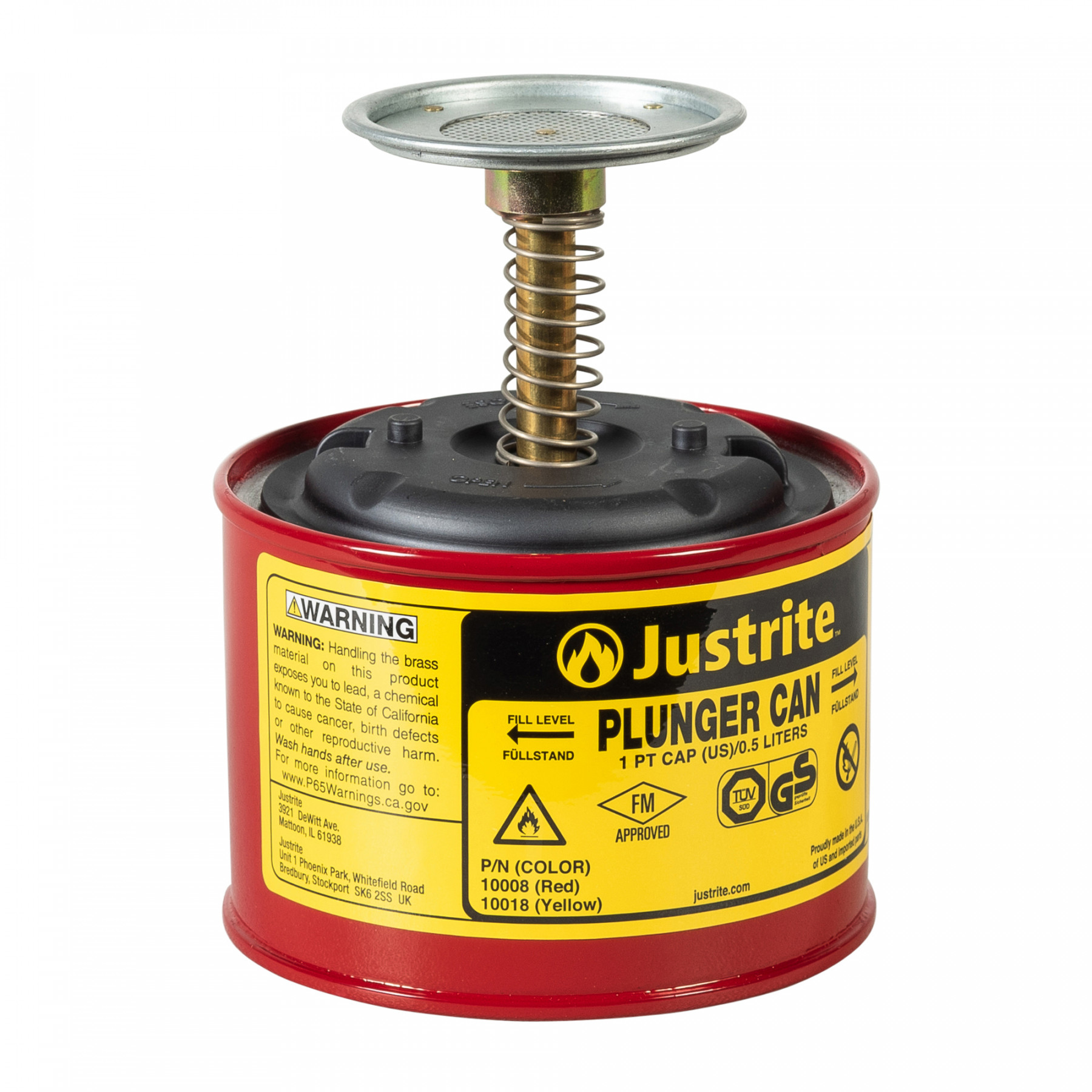 10008_plunger-can-1-pt-red_justrite Sparanfeuchter für brennbare Flüssigkeiten 0,5 Liter in rot