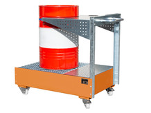 Fahrbare Auffangwanne aus 3 mm Stahlblech mit Ablage orange