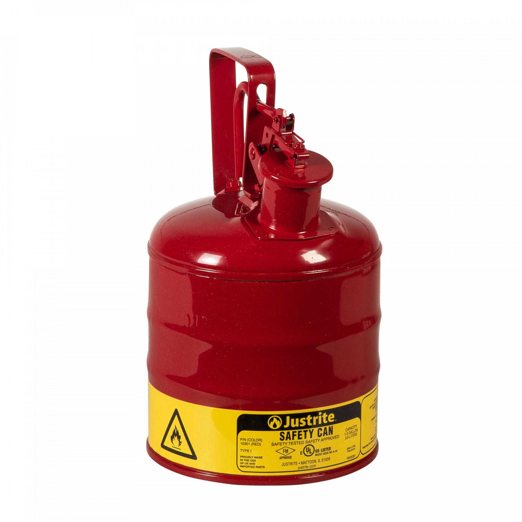 10301_type-1-safety-can-1-gallon-red_justrite Sicherheitsbehälter Typ I, mit Griffbetätigung für brennbare Flüssigkeiten, 4 Liter in rot